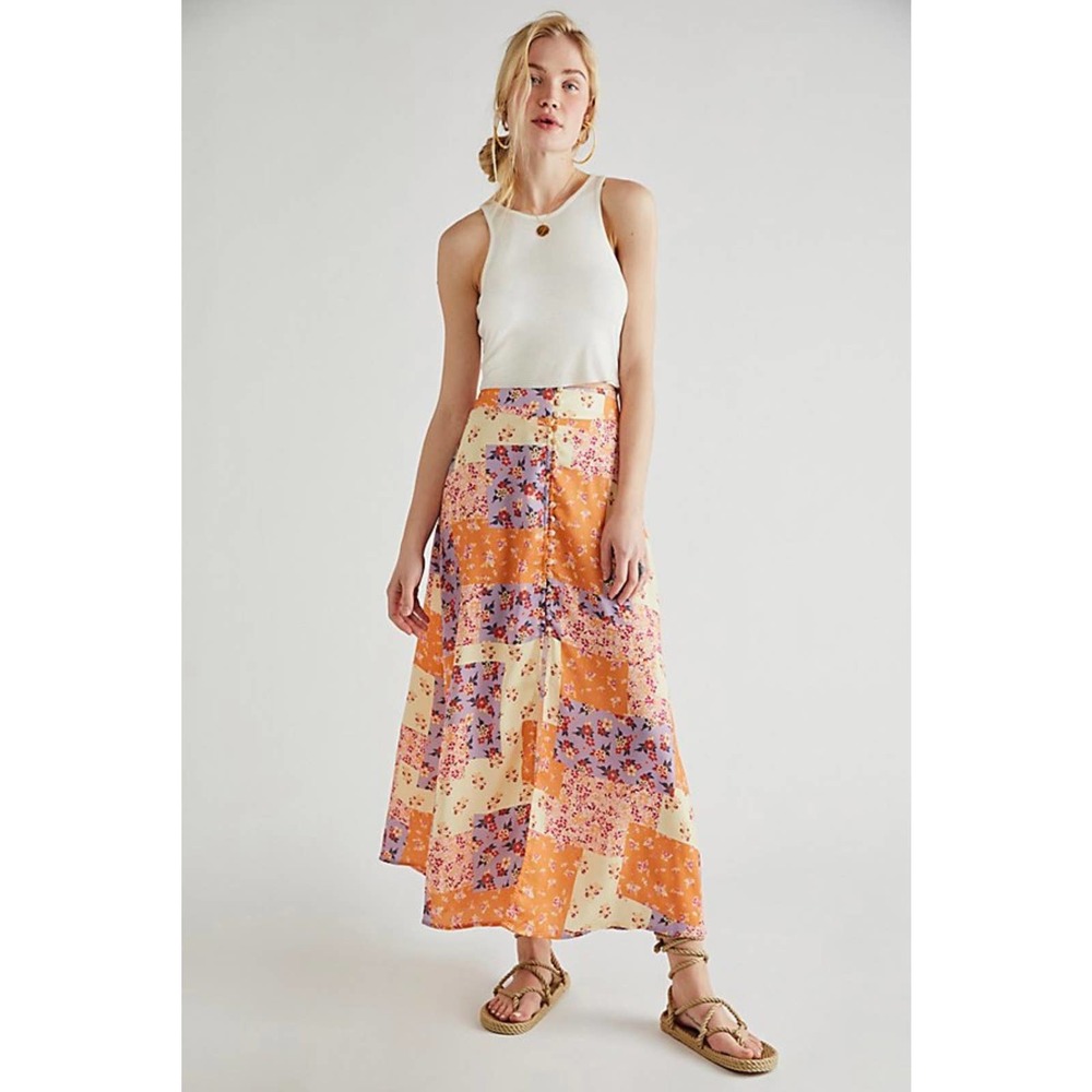 NEW Free People Sammy Button Down Maxi Skirt Boho Patchwork Size 0